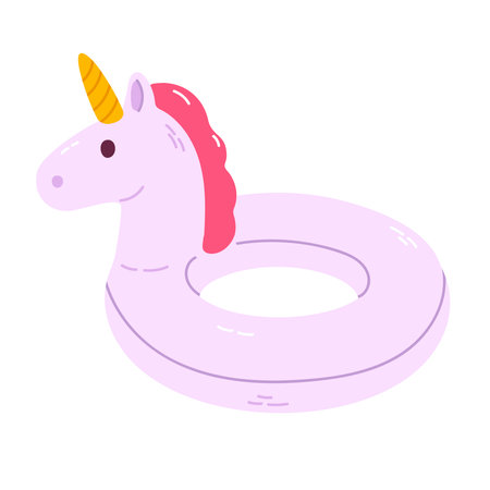 White inflatable unicorn-shaped pool float with purple mane and yellow horn, ideal for summer themes, pool accessories, and kids' decorのイラスト素材