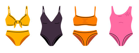 Set of colorful women's swimwear including bikini, one-piece and two-piece swimsuits. Summer beachwear collection for fashion, vacation or clothing design.のイラスト素材