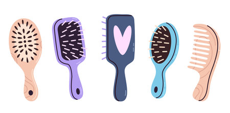 Horizontal set of wooden hairbrushes and combs for daily haircare and detanglingのイラスト素材