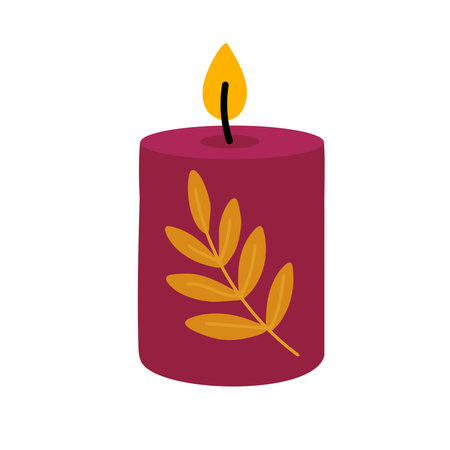 Dark red autumn candle with yellow leaf on white backgroundのイラスト素材