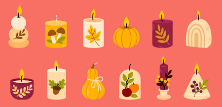 Colorful collection of fall candles with seasonal elements like mushrooms, berries, leaves and pumpkinsのイラスト素材
