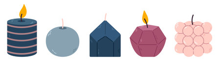 Modern collection of decorative candles in geometric and bubble shapes with soft matte texturesのイラスト素材