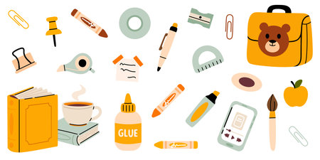 School supplies with yellow bear backpack and stationery isolated on white backgroundのイラスト素材