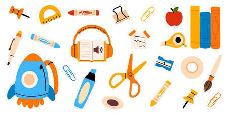 School supplies with orange backpack and stationery isolated on white backgroundのイラスト素材