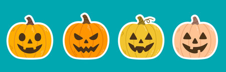 Row of halloween pumpkin stickers with carved faces on turquoise backgroundのイラスト素材