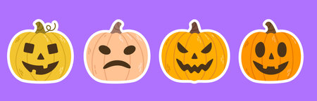 Row of halloween pumpkin stickers with carved faces on purple backgroundのイラスト素材