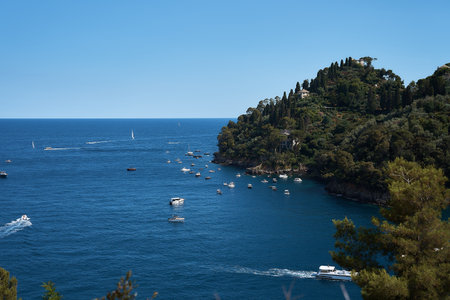 a top view of portofino coast with lots of yachting boatsの写真素材