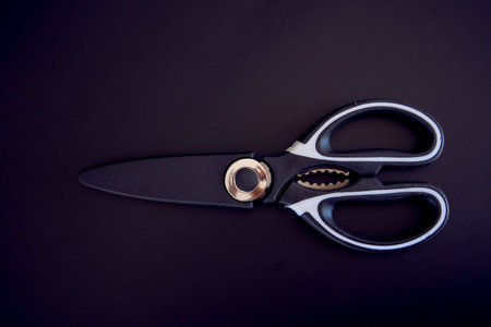 a kitchen scissors in a protective case on a black background