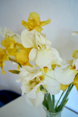 bouquet of yellow and white irises in a crystal vase in the interiorの写真素材