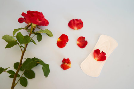 menstrual pad and red rose on pale blue background