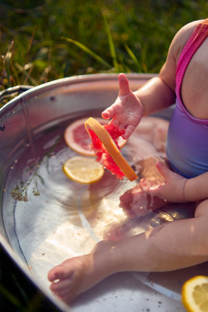 baby in a metal bath in a summer garden plays with grapefruit and lemon slicesの写真素材