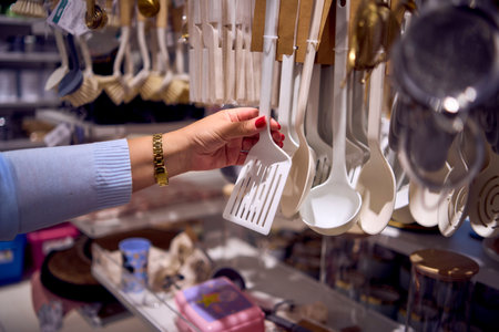 middle-aged plus-size woman choose clothes and decor in a store.の写真素材