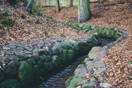 stream lined with stones autumnの写真素材