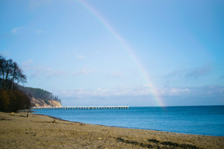 rainbow on the embankment of Gdynia on a sunny winter dayの写真素材