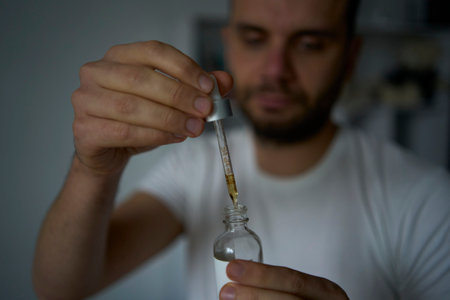 A 30-year-old man applies a beard growth productの写真素材