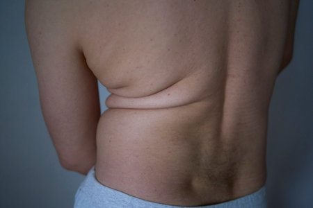 young man with a crooked spine, scoliosis, shoulders at different levelsの写真素材