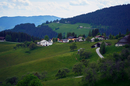 Picturesque alpine village with winding roads in Slovenian mountains