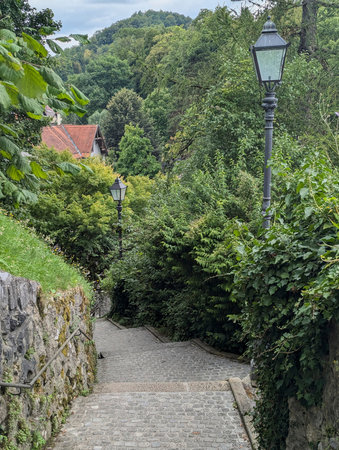 view of the town of Kamnik with the old castle on the hill in Slovenia