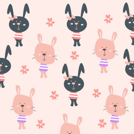 Vector illustration of pink background cat and rabbit seamless pattern. high quality vector design. easy to edit.Suitable for all kinds of products, prints, fabrics, backgrounds etc.のイラスト素材
