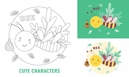 Animal character coloring book for cute beeのイラスト素材