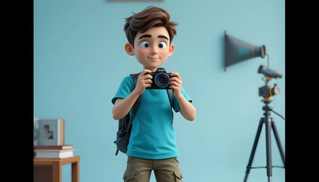 A cheerful 3D rendered boy holds a camera, showcasing a playful and optimistic mood. The setting is minimalist with a light teal background and a tripod-mounted camera in the distance.  The boy's backpack and casual attire add to the casual, everyday feel of the image.の素材