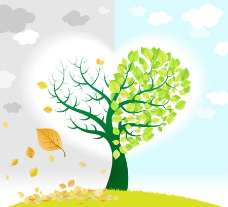 Tree representing season change with green and dried leavesのイラスト素材
