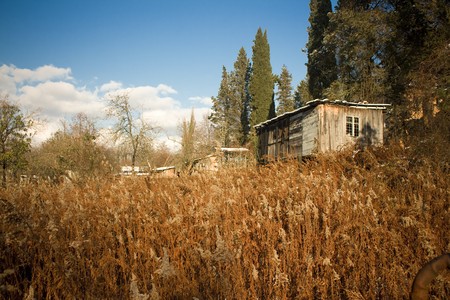 the hut over the grass meadow landscape photoの写真素材