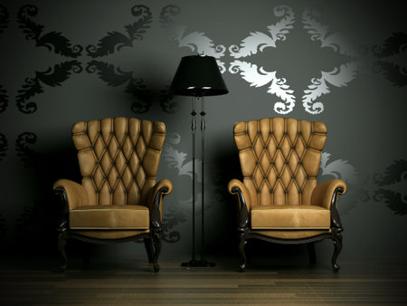 3D interior scene with classic armchair and lampの写真素材