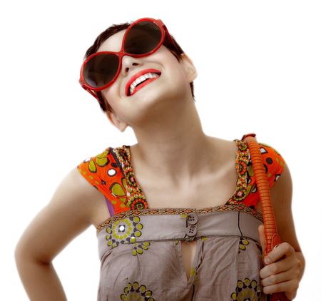 young woman with sunglasses and bag over white backgroundの写真素材