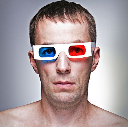man head with 3D - effect anaglyph glassesの写真素材