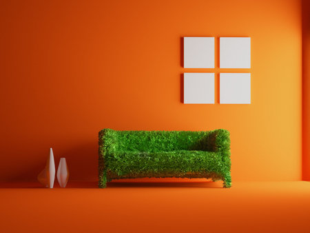 Modern sofa covered with bright green grass. Healthy lifestyle concept. (3d rendered. )の写真素材