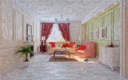 living rom interior (oil art technic) illustration の写真素材