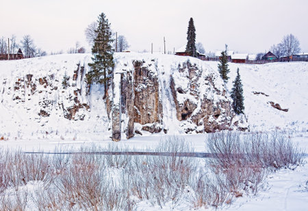 rocky shore of the river winter photoのeditorial素材