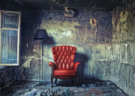luxury armchair in grunge interior  Photo compilation  Photo and hand-drawing elements combined  の写真素材