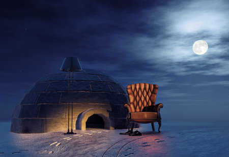 luxury armchair in winter landscape and igloo  3d concept 