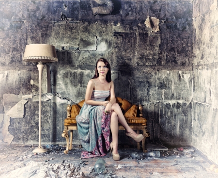 young beautiful women, sitting in vintage sofa   Photo and hand-drawing elements combined  の写真素材