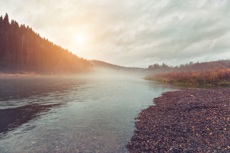 beautiful autumn river landscapeの写真素材