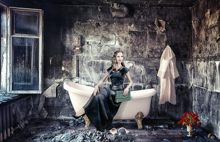 vintage woman and bathtub in grunge interior  photo compilation 