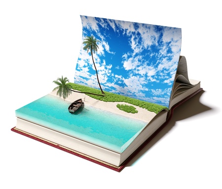 Open book with a tropical beach inside  3d conceptの写真素材