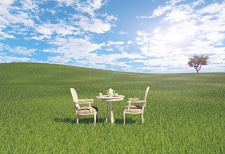 table and chairs on the meadow  3d concept の写真素材