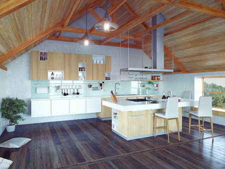 modern kitchen interior with  island in the attic (3d design concept)の写真素材
