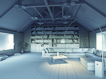 beautiful modern attic interior 3d design concept. Grayscale effectの写真素材