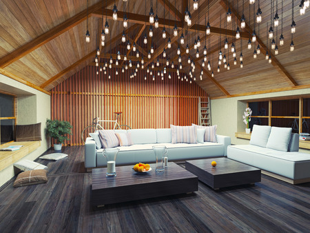 beautiful modern interior loft in the evening. 3d concept design.