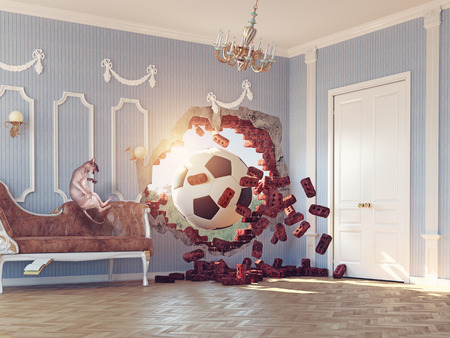 soccer ball break wall in the luxury room. 3d creative conceptの写真素材