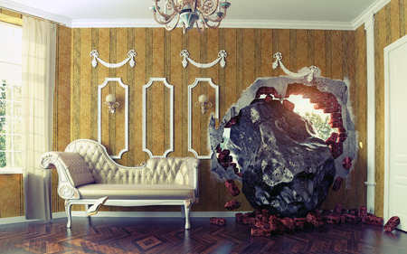Meteorite enters the room. Photo combination creative conceptの写真素材