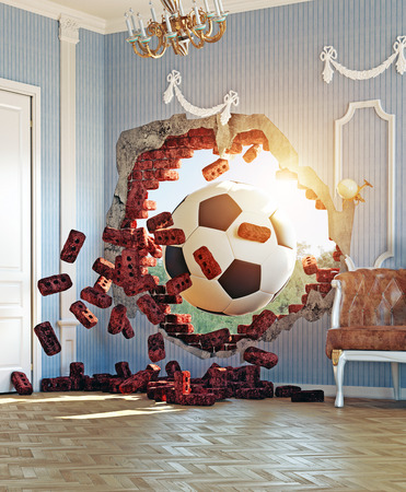 soccer ball break wall in the luxury room. 3d creative conceptの写真素材
