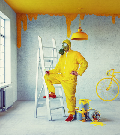 white interior with yellow painter and painted in yellow ceiling. 3d conceptの写真素材