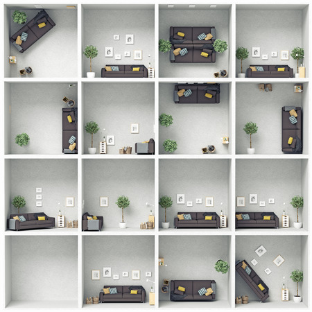 White shelves with a variety of rooms designed. 3d conceptの写真素材