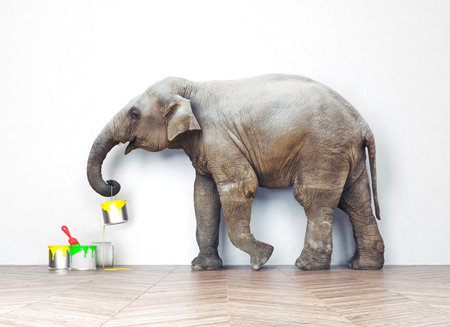 An elephant with paint cans. Photo combination conceptの写真素材