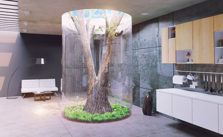 eco design of the modern  interior. Real tree indoor. 3d conceptのeditorial素材
